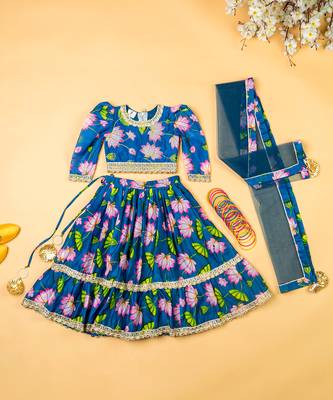 Teal blue lotus chanderi puff sleeves lehenga set for girls 1