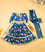 Teal blue lotus chanderi puff sleeves lehenga set for girls