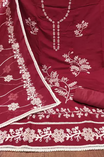 Manvaa women's maroon thread embroidery premium cotton silk dress material