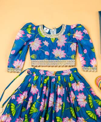 Teal blue lotus chanderi puff sleeves lehenga set for girls 2