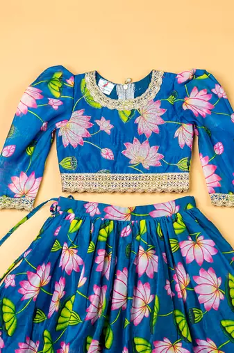Teal blue lotus chanderi puff sleeves lehenga set for girls