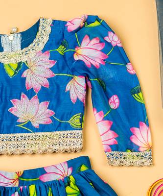 Teal blue lotus chanderi puff sleeves lehenga set for girls 3