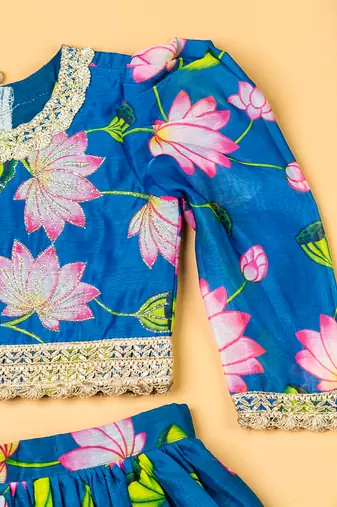 Teal blue lotus chanderi puff sleeves lehenga set for girls