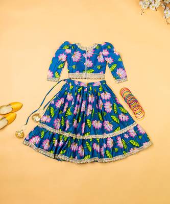 Teal blue lotus chanderi puff sleeves lehenga set for girls 4