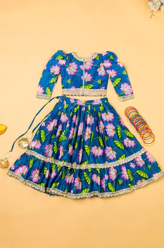 Teal blue lotus chanderi puff sleeves lehenga set for girls