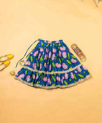 Teal blue lotus chanderi puff sleeves lehenga set for girls 5