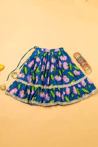 Teal blue lotus chanderi puff sleeves lehenga set for girls