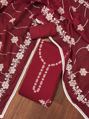 Manvaa women's maroon thread embroidery premium cotton silk dress material 4