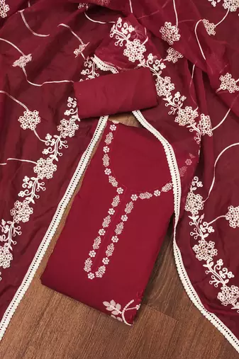 Manvaa women's maroon thread embroidery premium cotton silk dress material