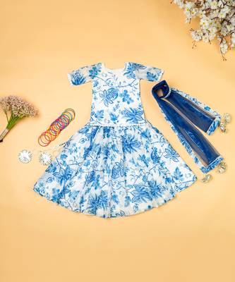 Blue printed  chanderi lehenga for girls 1