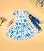 Blue printed  chanderi lehenga for girls