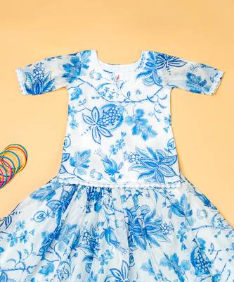 Blue printed  chanderi lehenga for girls 2