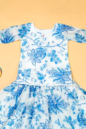 Blue printed  chanderi lehenga for girls