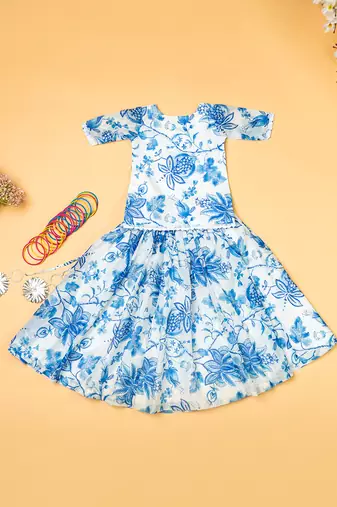 Blue printed  chanderi lehenga for girls