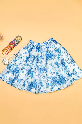 Blue printed  chanderi lehenga for girls