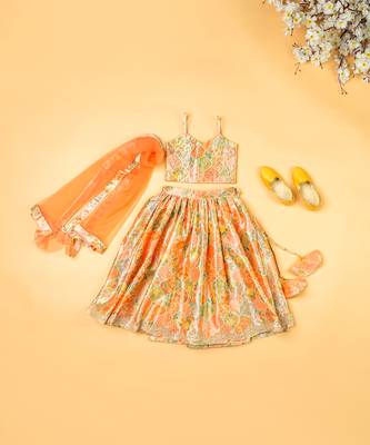 Multi-colored chanderi floral printed lehenga set for girls 1