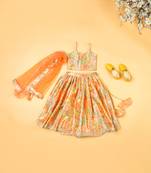 Multi-colored chanderi floral printed lehenga set for girls