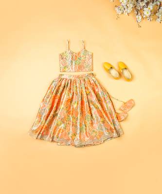 Multi-colored chanderi floral printed lehenga set for girls 2