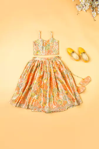 Multi-colored chanderi floral printed lehenga set for girls