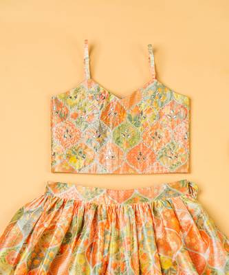 Multi-colored chanderi floral printed lehenga set for girls 3