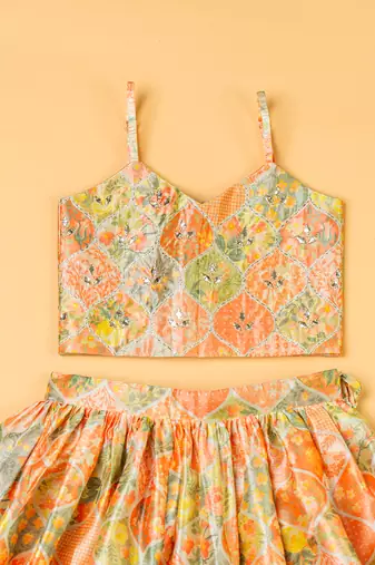 Multi-colored chanderi floral printed lehenga set for girls