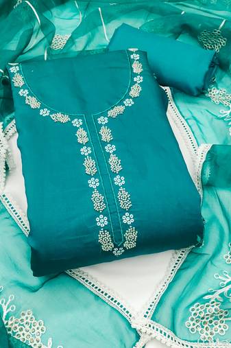 Manvaa women's blue unstitched thread embroidery premium cotton silk dress material 