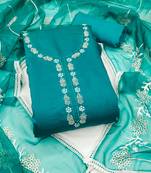 Manvaa women's blue unstitched thread embroidery premium cotton silk dress material