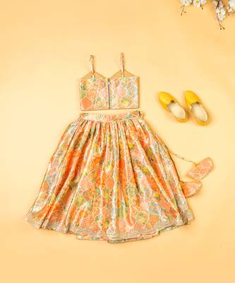Multi-colored chanderi floral printed lehenga set for girls 4