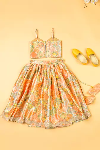 Multi-colored chanderi floral printed lehenga set for girls
