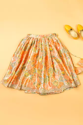 Multi-colored chanderi floral printed lehenga set for girls