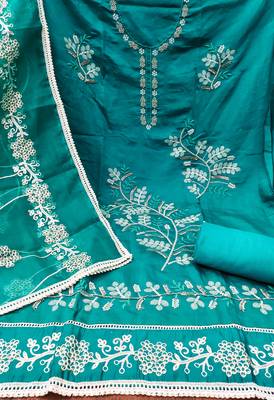 Manvaa women's blue thread embroidery premium cotton silk dress material 2