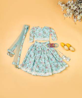 Sky blue printed  chanderi lehenga for girls 1