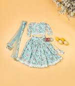 Sky blue printed  chanderi lehenga for girls