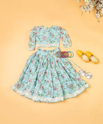 Sky blue printed  chanderi lehenga for girls 2