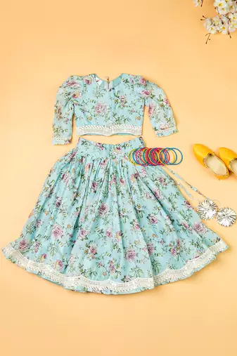 Sky blue printed  chanderi lehenga for girls