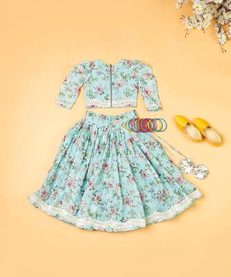 Sky blue printed  chanderi lehenga for girls 4