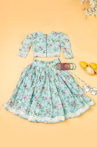 Sky blue printed  chanderi lehenga for girls