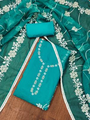Manvaa women's blue thread embroidery premium cotton silk dress material 4