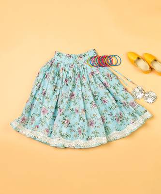 Sky blue printed  chanderi lehenga for girls 5