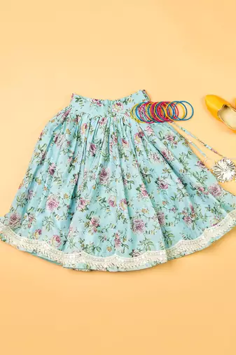 Sky blue printed  chanderi lehenga for girls