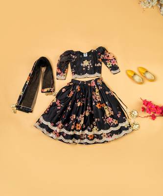 Black chanderi puff sleeves lehenga set for girls 1