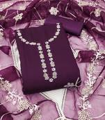 Manvaa women's voilet unstitched thread embroidery premium cotton silk dress material 