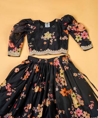Black chanderi puff sleeves lehenga set for girls 2