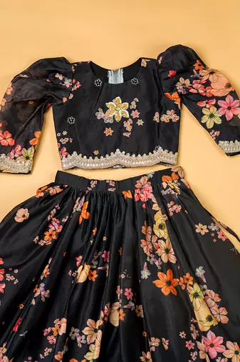 Black chanderi puff sleeves lehenga set for girls