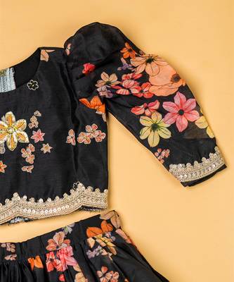 Black chanderi puff sleeves lehenga set for girls 3