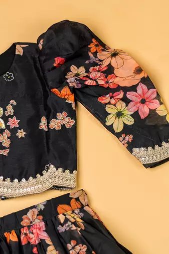 Black chanderi puff sleeves lehenga set for girls