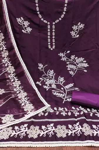 Manvaa women's voilet thread embroidery premium cotton silk dress material