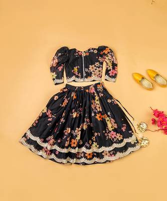 Black chanderi puff sleeves lehenga set for girls 4