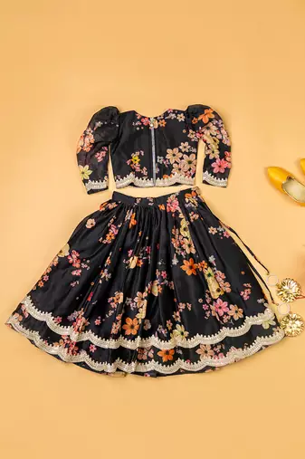 Black chanderi puff sleeves lehenga set for girls