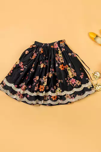 Black chanderi puff sleeves lehenga set for girls